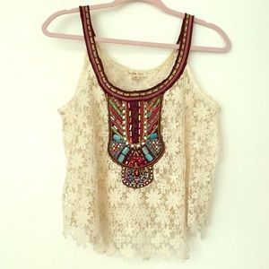 Cream embroidered top with jewel accents
